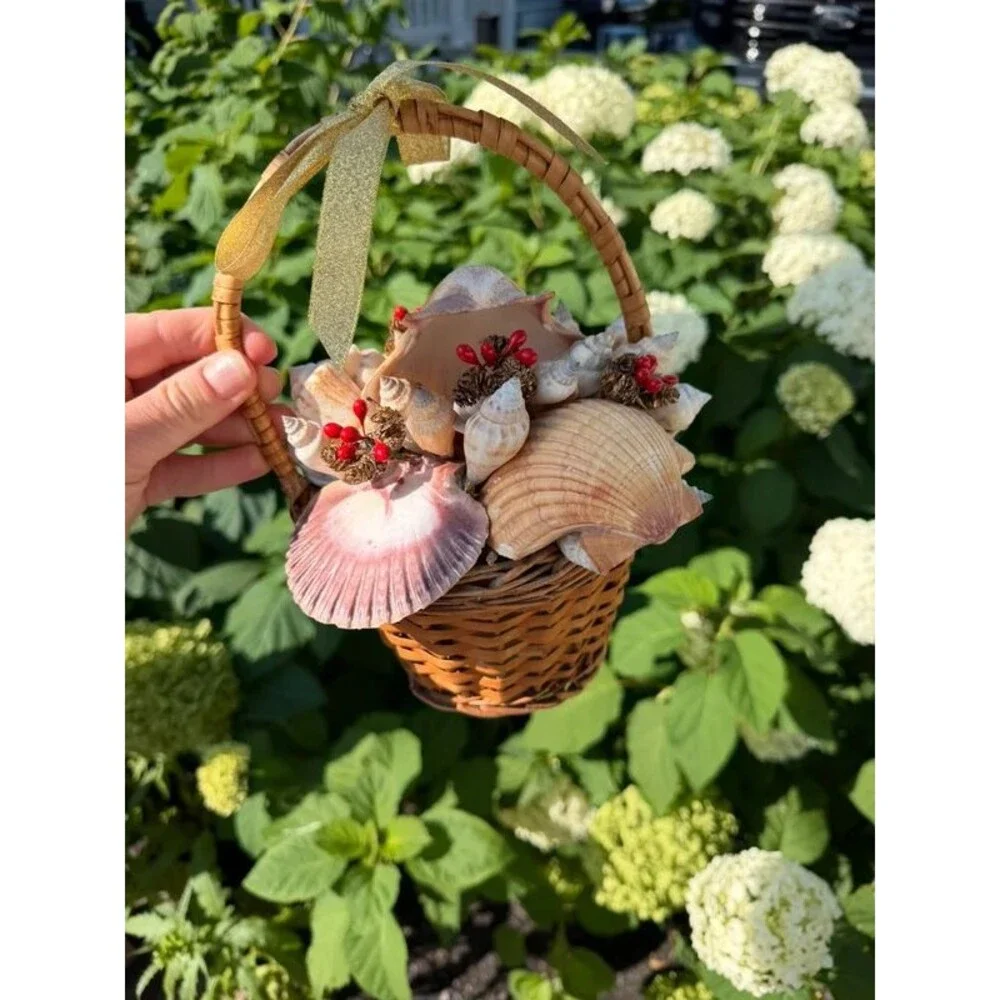 Vintage Coastal Christmas Wicker Basket with Seashells and Holly Berries